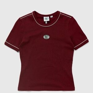 Sporty & Rich x Lacoste Pique Patch Logo Ringer Tee in Burgundy Red/White - XS